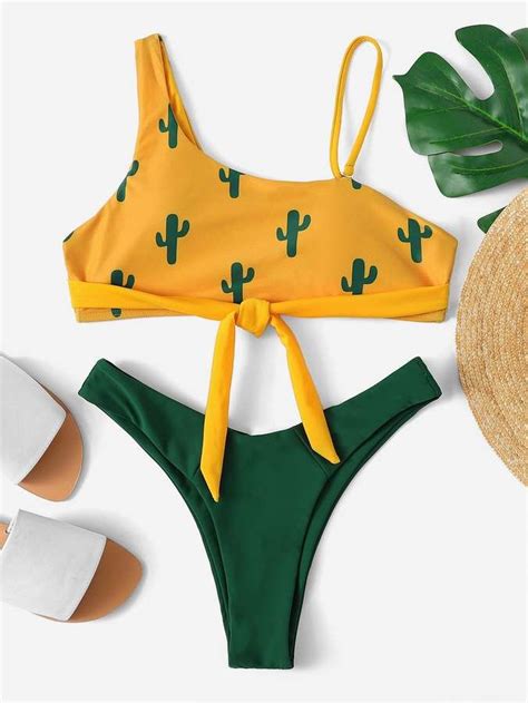 SheinShein Cactus Knot Front Top With High Leg Bikini Set Cute