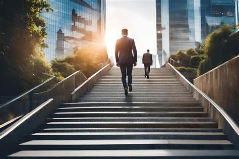 Hombres Subiendo Una Escalera Con Un Hombre De Traje Foto Premium