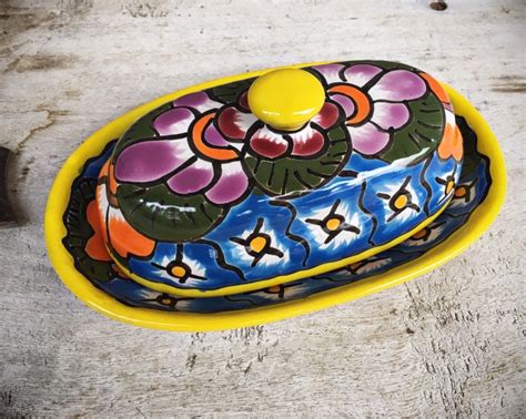 Colorful Mexican Talavera Pottery Butter Dish With Floral Design