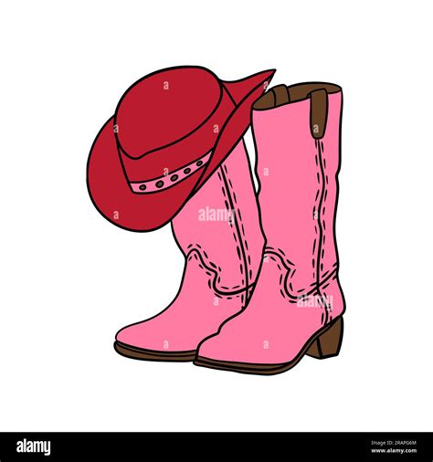 Hand Drawn Illustration Of Pink Cowboy Cowgirl Boots Red Hat In Western Southwestern Style