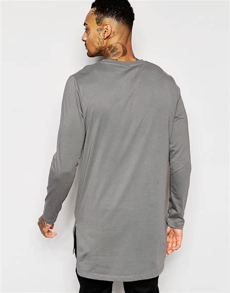 Asos Longline Long Sleeve T Shirt With Side Splits In Grey Gray For