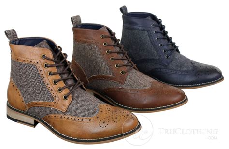 Cavani Sherlock Mens Leather And Tweed Herringbone Ankle Boots Happy