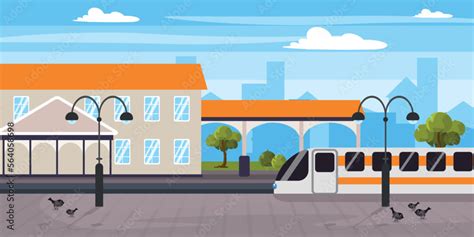 Vector illustration of a beautiful railway station. Cartoon urban ...