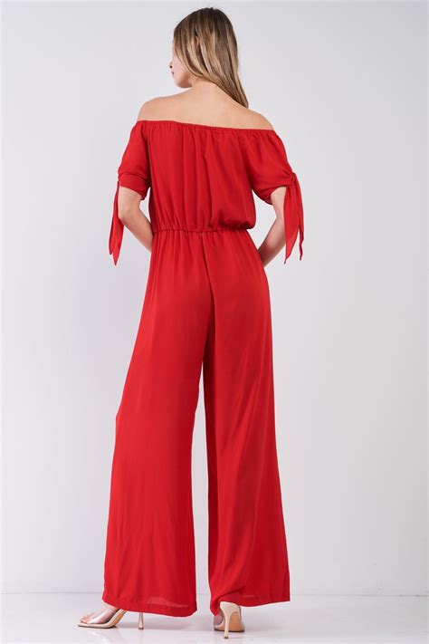 Wholesale Red Off The Shoulder Wide Leg Jumpsuit