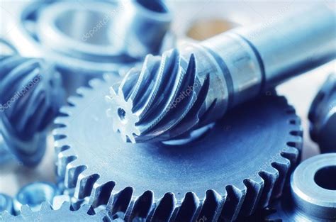 Industrial gear machinery, engineering parts in blue toning — Stock ...