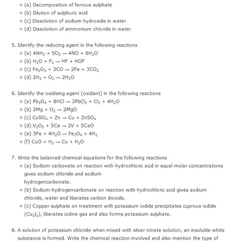 Chemical Reactions And Equations Class Worksheet With Answers Pdf