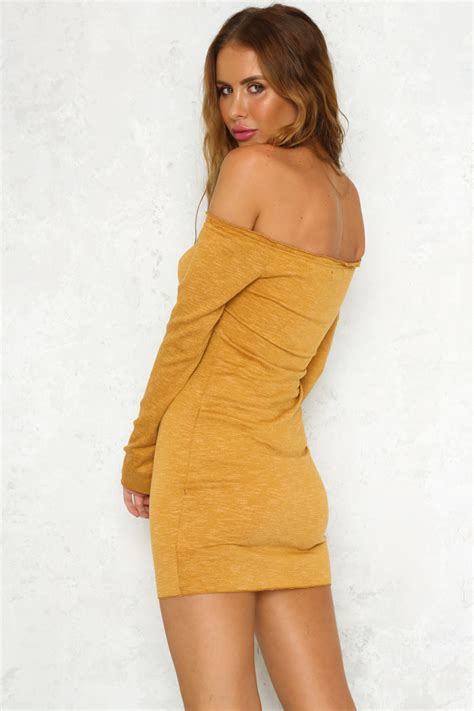 Mustard Yellow Off The Shoulder Long Sleeve Short Bodycon Dress Llm3096 On Luulla