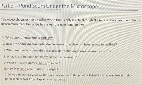 Solved Part 3 - Pond Scum Under the Microscope This video | Chegg.com