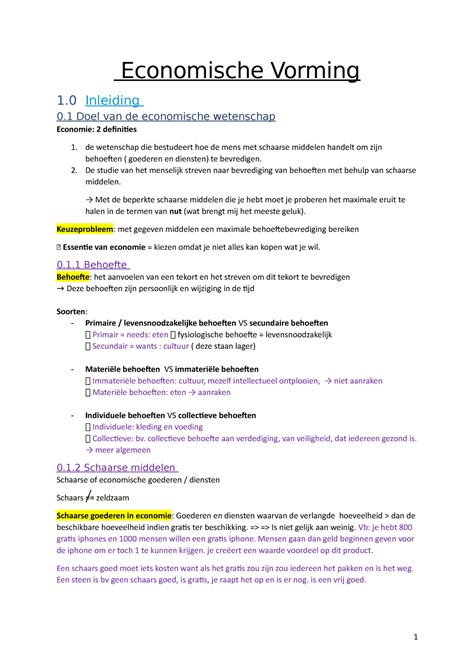 Samenvatting Economische Vorming Inleiding Doel Van De