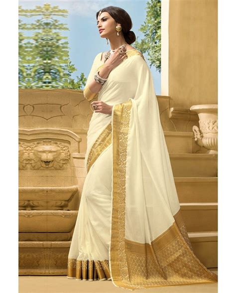 Off White Sari With Golden Border White And Gold Saree Crepe Silk Sarees Elegant Saree