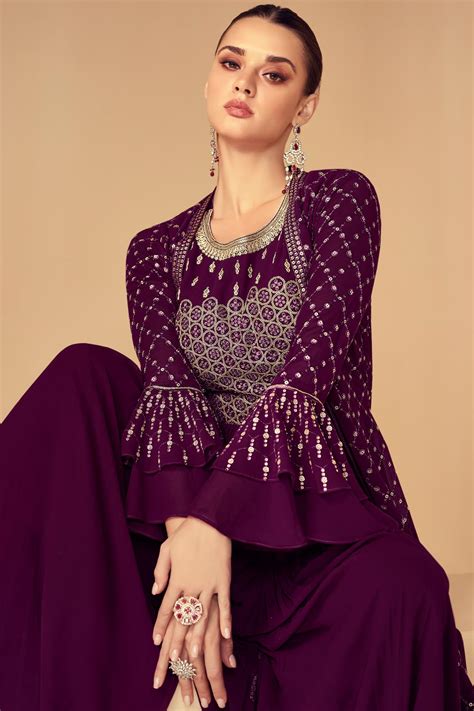 Buy Ready To Wear Plum Georgette Embellished Indo Western 4 Piece