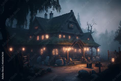 Medieval Tavern By The Road At Dusk In A Dark Forest Created By A