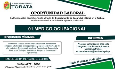 Municipalidad De Torata Requiere Contratar Los Servicios De Un Medico