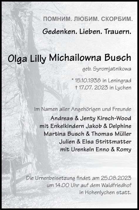 Traueranzeigen Von Olga Lilly Michailowna Busch Trauer Nordkurier