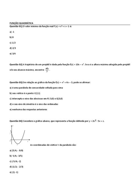 Funções Quadráticas Exercícios Resolvidos Com Gabarito Pdf Ensino