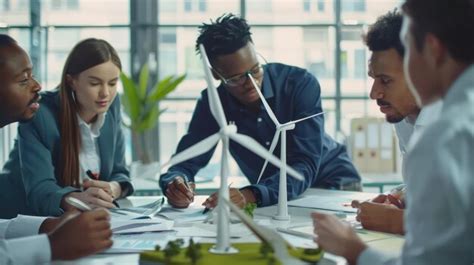 A Group Of People Sitting Around A Table With A Wind Turbine Premium