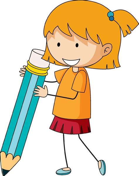 Cute girl holding pencil doodle cartoon character 2080869 Vector Art at ...