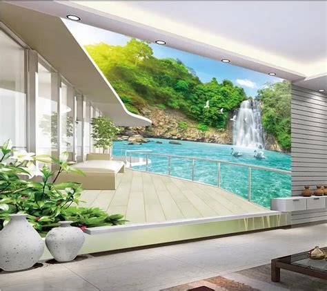 Modern Wall D Murals Wallpaper Beautiful Waterfall Scenery Balcony