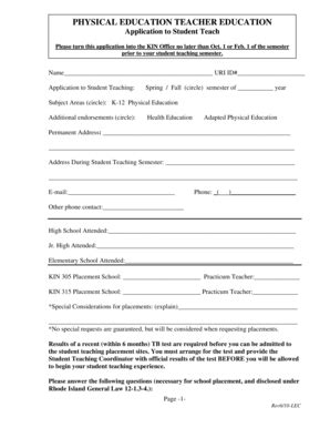 Fillable Online Physical Education Teacher Education Application To