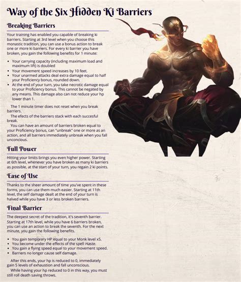 Way Of The Six Hidden Ki Barriers Monk Homebrew Subclass Dndhomebrew