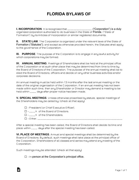 Free Florida Corporate Bylaws Template Pdf Word Eforms