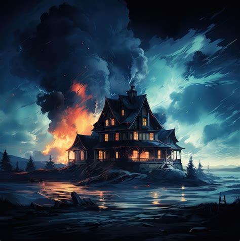 Premium AI Image | a painting of a house with a burning house in the ...