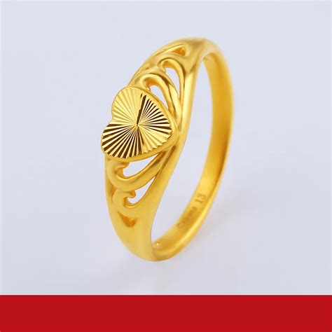 24K Pure Gold Ring Real AU 999 Solid Gold Rings Elegant Shiny Heart ...