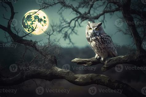 owl sits on a tree branch at night the full moon 29783277 Stock Photo ...