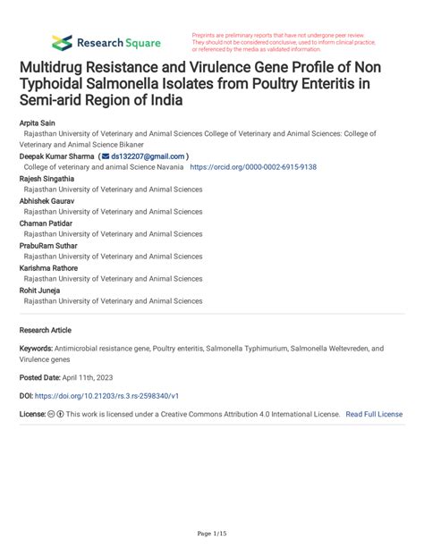 PDF Multidrug Resistance And Virulence Gene Profile Of Non Typhoidal