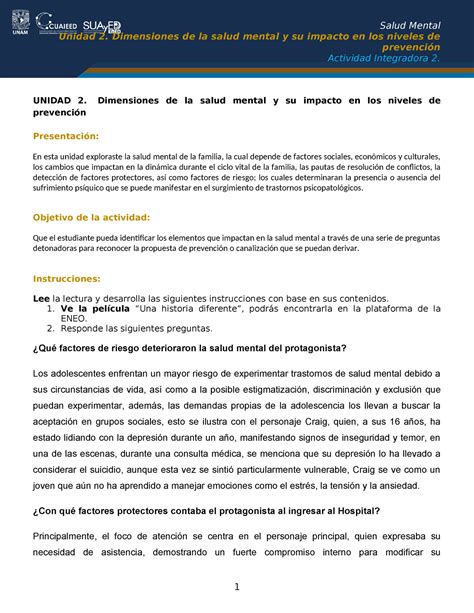 Actividad Integradora Salud Mental Unidad Dimensiones De La