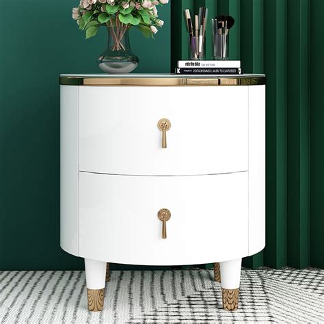 2-Drawer Round Bedside Table Modern White Bedside Table in Gold Finish ...