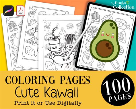 100 Cute Kawaii Food Coloring Book Pages, PDF Printable, Procreate ...