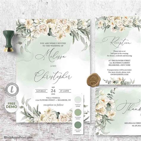 NETURE – SAGE GREEN WEDDING INVITATION TEMPLATE, WHITE FLOWERS WEDDING INVITE, PRINTABLE… | Sage ...