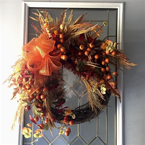 Fall Wreath With Various Silk Fall Grasses And Leaves Handmade