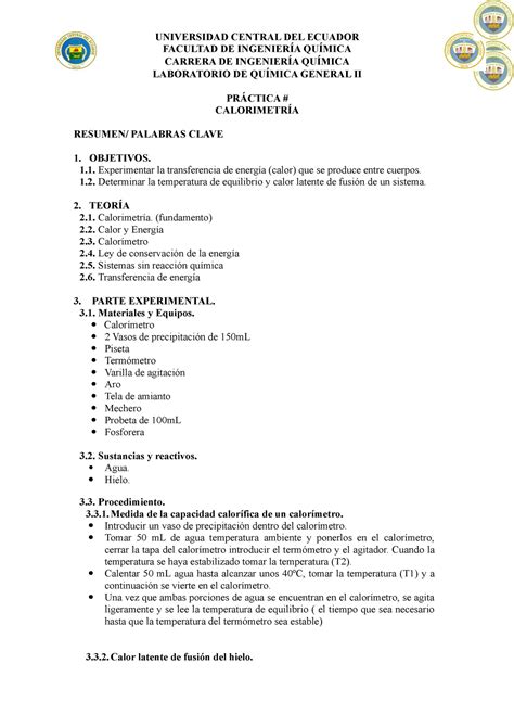 Hoja Gu A Calorimetr A Pr Ctica De Qu Mica Facultad De