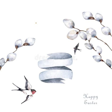 Watercolor Pussy Willow Branches Circle Frame For Card Postcard Cover Invitation Wedding