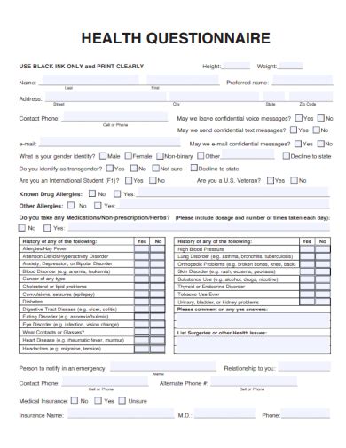 Free Health Questionnaire Samples In Ms Word Google Docs Google