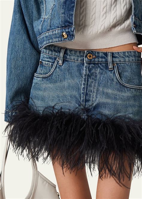 Miu Miu Feather Hem Denim Mini Skirt Bergdorf Goodman