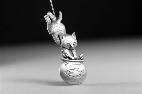 Cat And Fishbowl Jj Brooch Jonette Jewelry Pewter C Clasp Back Pin