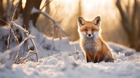 Un Zorro Sentado En La Nieve En Un Bosque Foto Premium