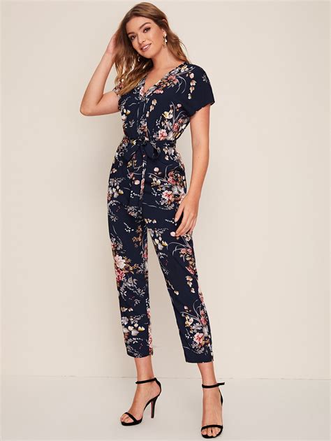 Shein Botanical Print Surplice Neck Self Belted Jumpsuit Shein Usa