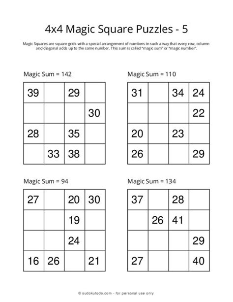 4x4 Magic Square Puzzles Printable