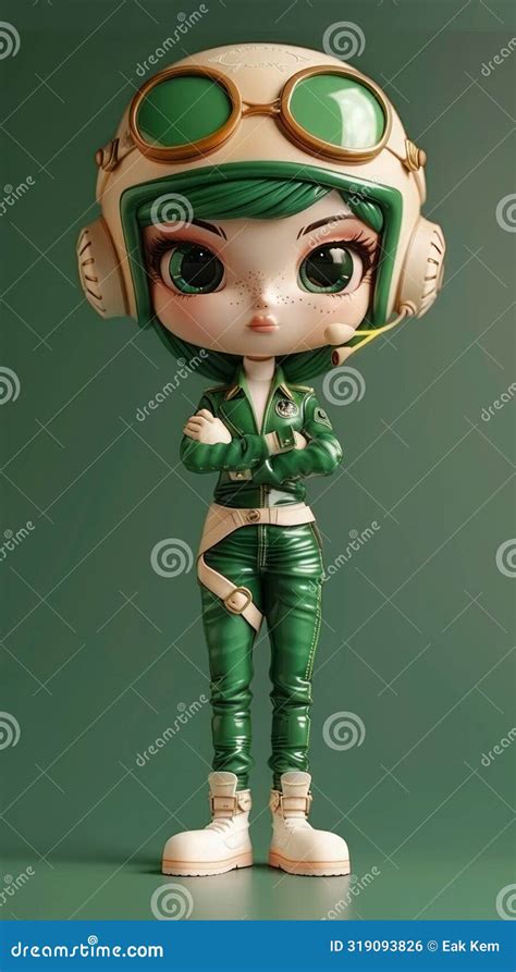 Cute Chibi Aviator Figure Adorable Green Haired Pilot With Headset Helmet And Goggles In