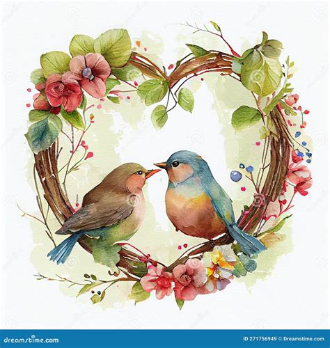 Watercolor Couple Bird In Love With Heart Shape Floral Wreath Stock