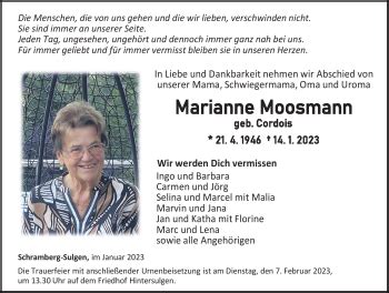 Traueranzeigen von Marianne Moosmann Schwarzwälder Bote Trauer