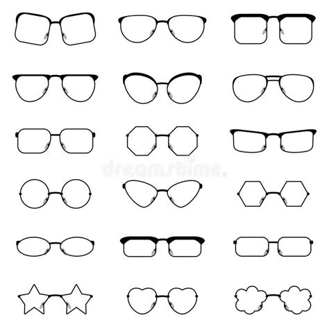 A Selection Of Icons Of Glasses With Black Frames Of Various Shapes In Eighteen Variants Stock