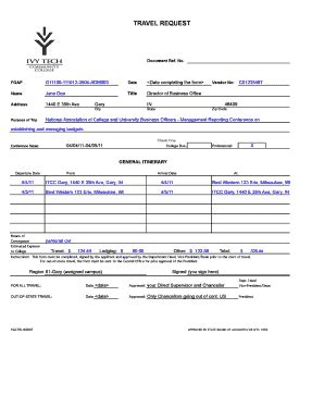 Fillable Online Ivytech Travel Request Example042711 Ivy Tech