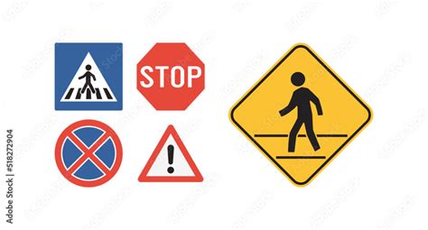 State Law Stop For Pedestrians In Crosswalk Sign And Traffic Signs With City Road Flat Vector