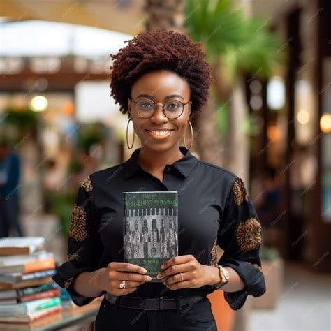 Premium Ai Image Woman Holding A Book In Front Of A Table With Books