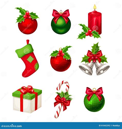 Set Of Red And Green Christmas Decorations Vector Illustration Stock